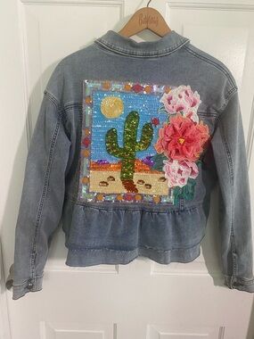 Crazy Train Denim Jacket with Sequin Cactus Patch & Pink Floral Appliqué
